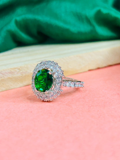 Kaina Cubic Zirconica Silver Plated Adjustable Ring || AD Jewellery -Emerald Green