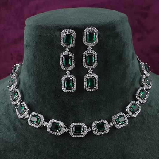 Dia Silver Plated American Diamond Necklace Set - Emerald Green || AD Jewellery