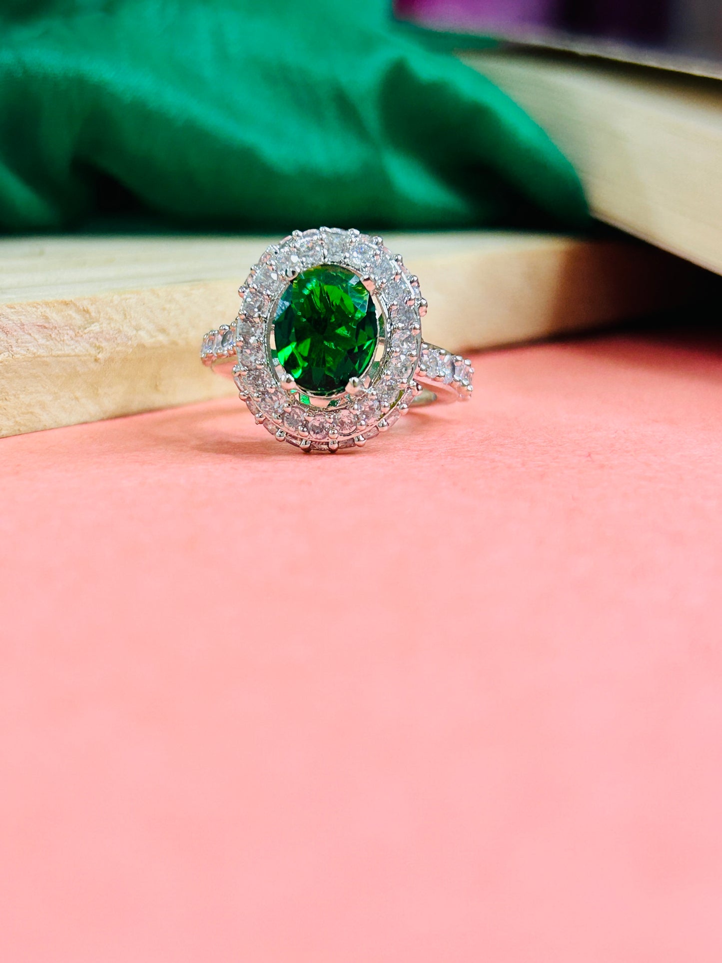 Kaina Cubic Zirconica Silver Plated Adjustable Ring || AD Jewellery -Emerald Green