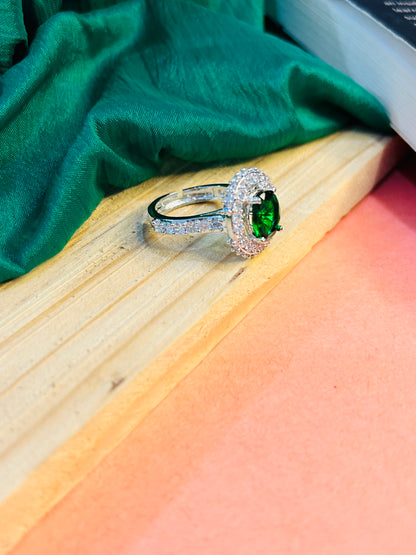 Kaina Cubic Zirconica Silver Plated Adjustable Ring || AD Jewellery -Emerald Green