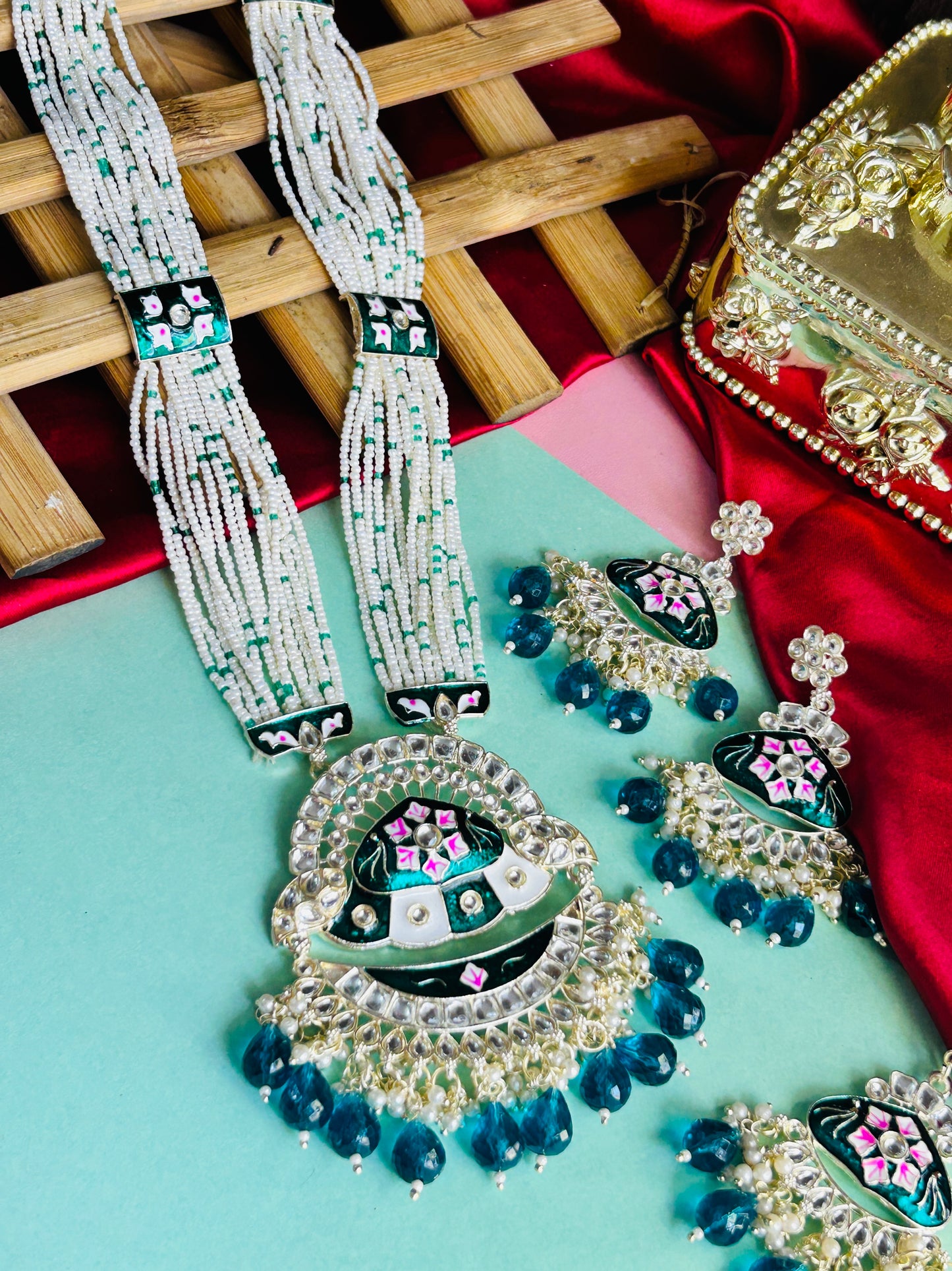 Parineeta Long Necklace Set || Ethnic Jewellery || Designer Wedding Jewellery - Peacock green