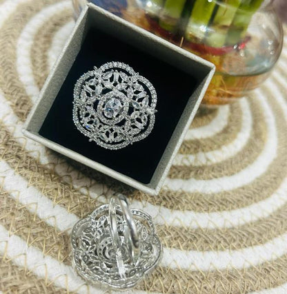 Sara Cocktail AD Ring || Silver Plated Adjustable Ring || AD Jewellery || Sale