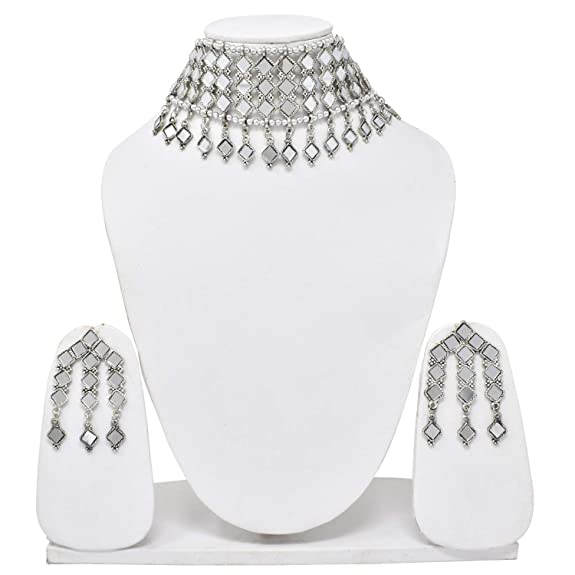 Silver Oxidised Mirror Style Choker Set (WEIGHTLESS)