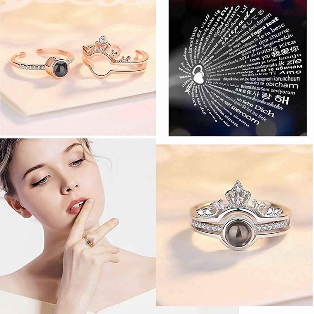 Imported 100 Languages I Love You Projection Western Crown Rings, Romantic Gift for Her || Sale