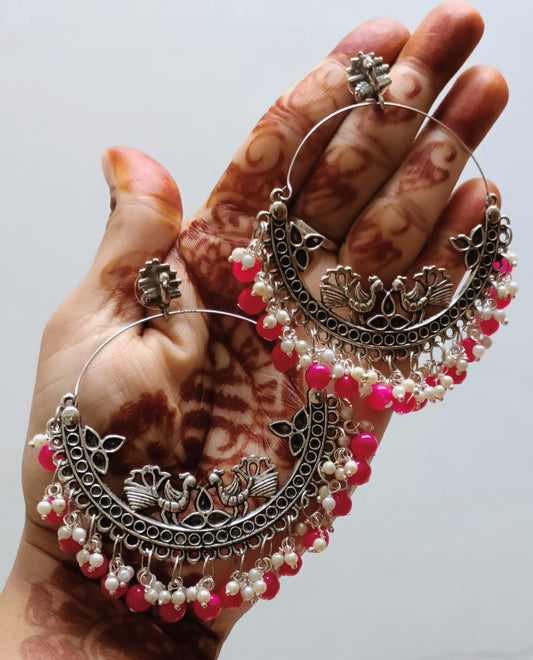 Oxidised Peacock Beads Chandbali- Pink