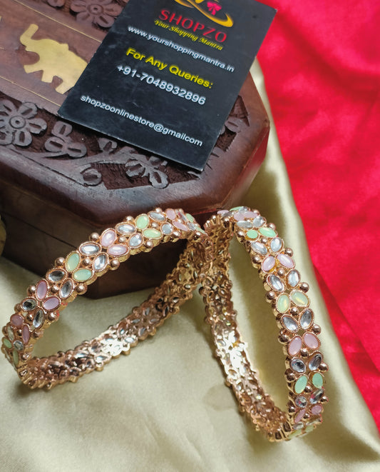 Rehmat Rosegold Plated || Pink & Green Stones-Studded & Beaded Bangles (Set of 2)