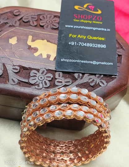 Noor Rosegold Plated White Kundan Studded Bangles (Set of 4)