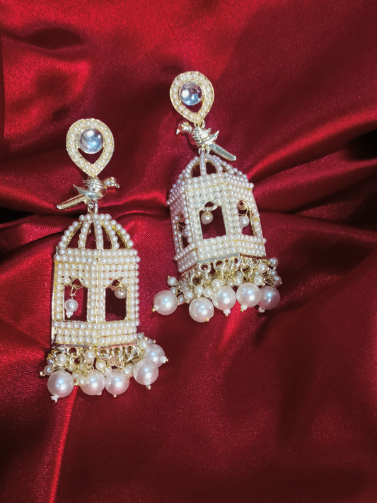 Pinjra Golden Pearl Earrings || Ethnic Jewellery