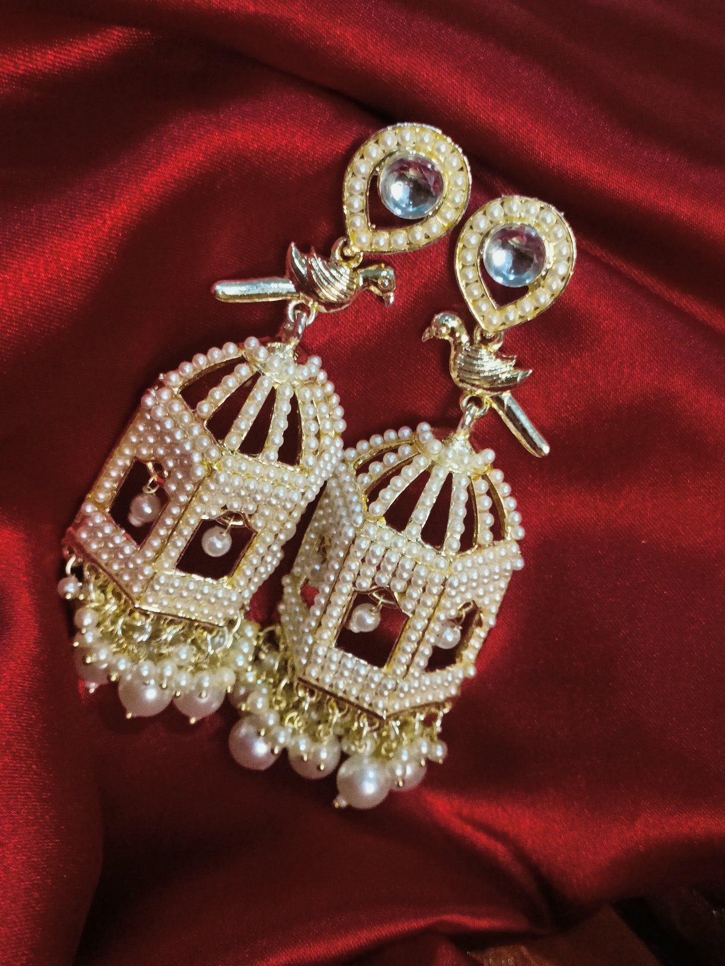 Pinjra Golden Pearl Earrings || Ethnic Jewellery