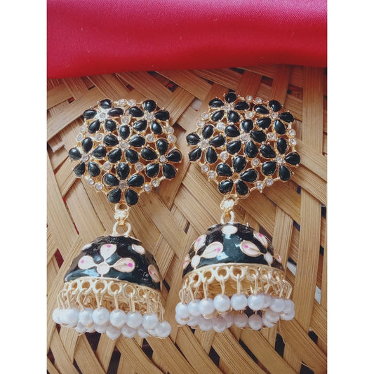 Crystal Meenakari Jhumka- Black