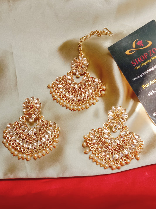 Golden Traditional Jewellery Combo || Maangtika with Chandbali