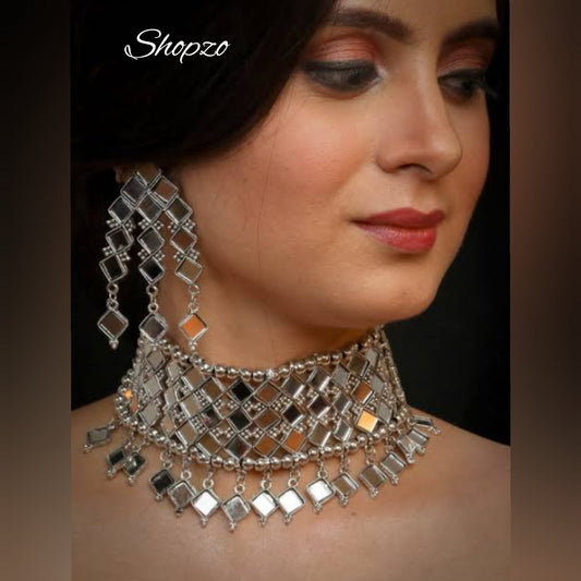 Silver Oxidised Mirror Style Choker Set (WEIGHTLESS)