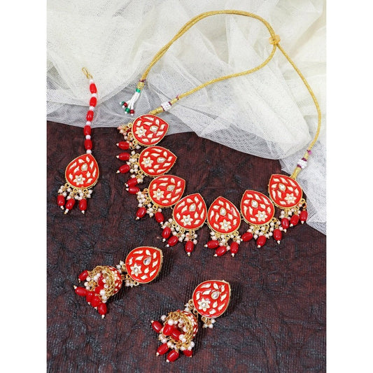 Gold-Plated Red & White Stone-Studded Meenakari Necklace Set