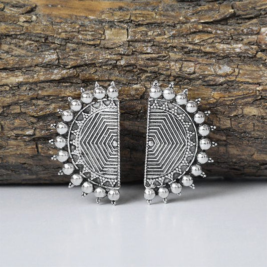 Oxidised Silver Semi Shaped Stud Earrings